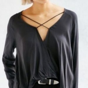 Silence + Noise Urban Outfitters Black Wrap Front Cross Neck Top